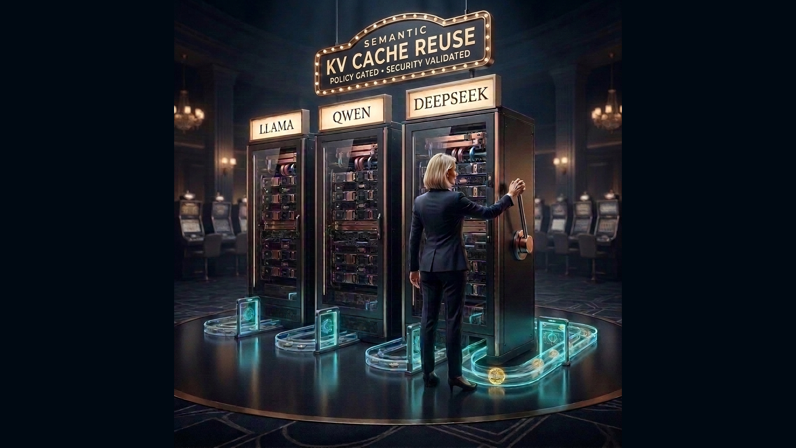 Three server cabinets labeled Llama, Qwen, and DeepSeek under a marquee reading Semantic KV Cache Reuse, Policy Gated, Security Validated. An operator pulls a control lever beside glowing data paths.